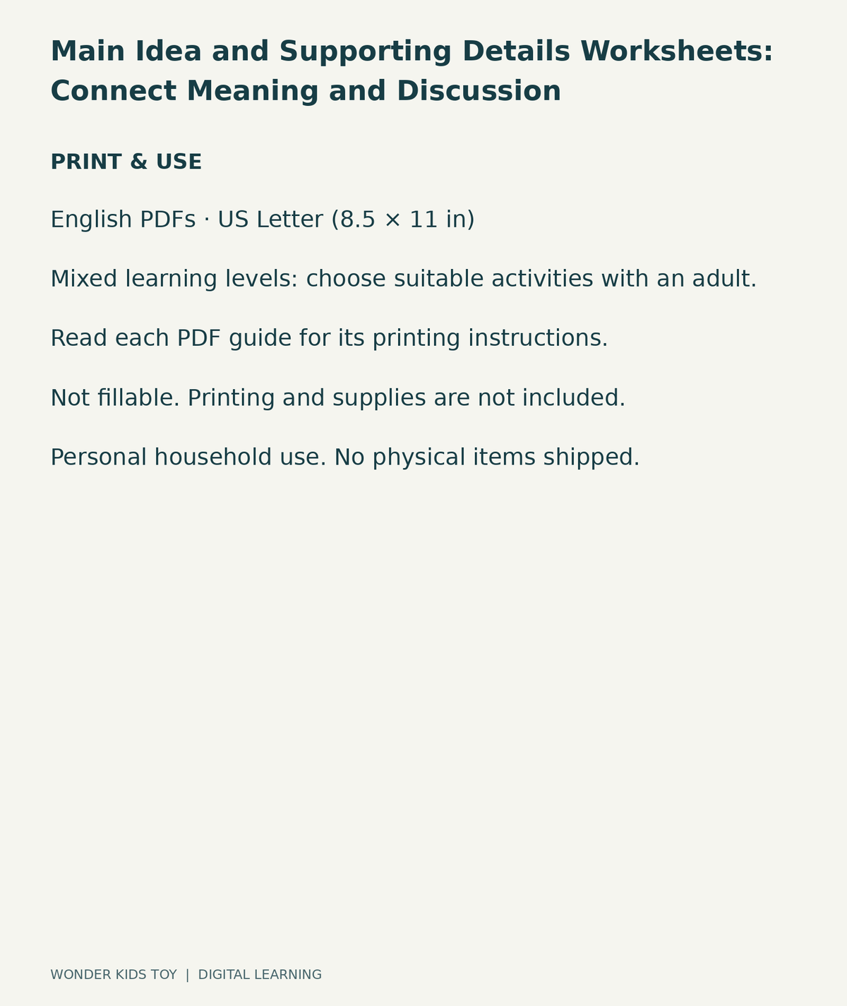 Main Idea and Supporting Details Worksheets: Connect Meaning and Discussion: US Letter digital PDF print and household-use information