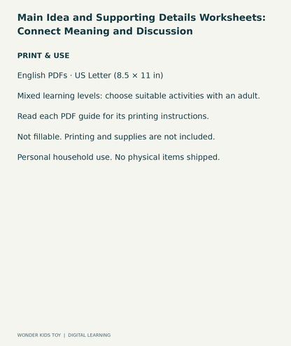 Main Idea and Supporting Details Worksheets: Connect Meaning and Discussion: US Letter digital PDF print and household-use information