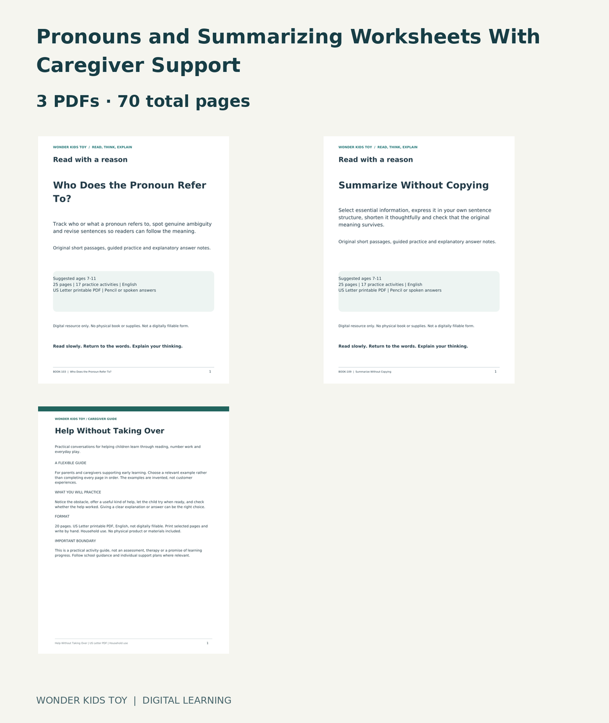 Pronouns and Summarizing Worksheets With Caregiver Support: actual included PDF covers