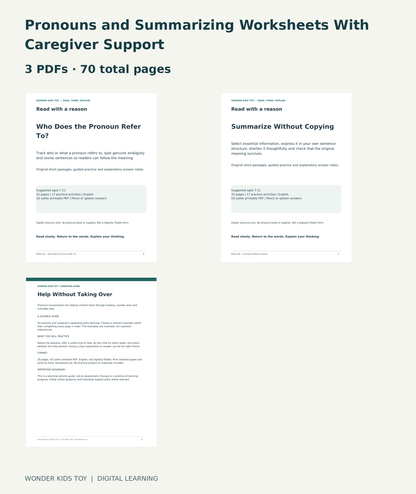 Pronouns and Summarizing Worksheets With Caregiver Support: actual included PDF covers