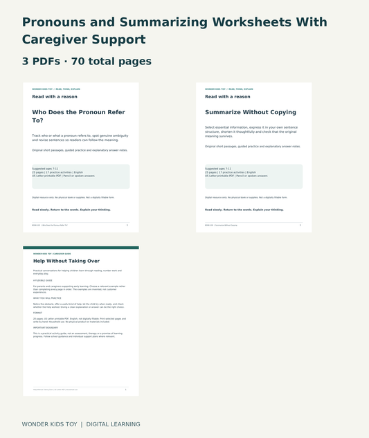 Pronouns and Summarizing Worksheets With Caregiver Support: actual included PDF covers