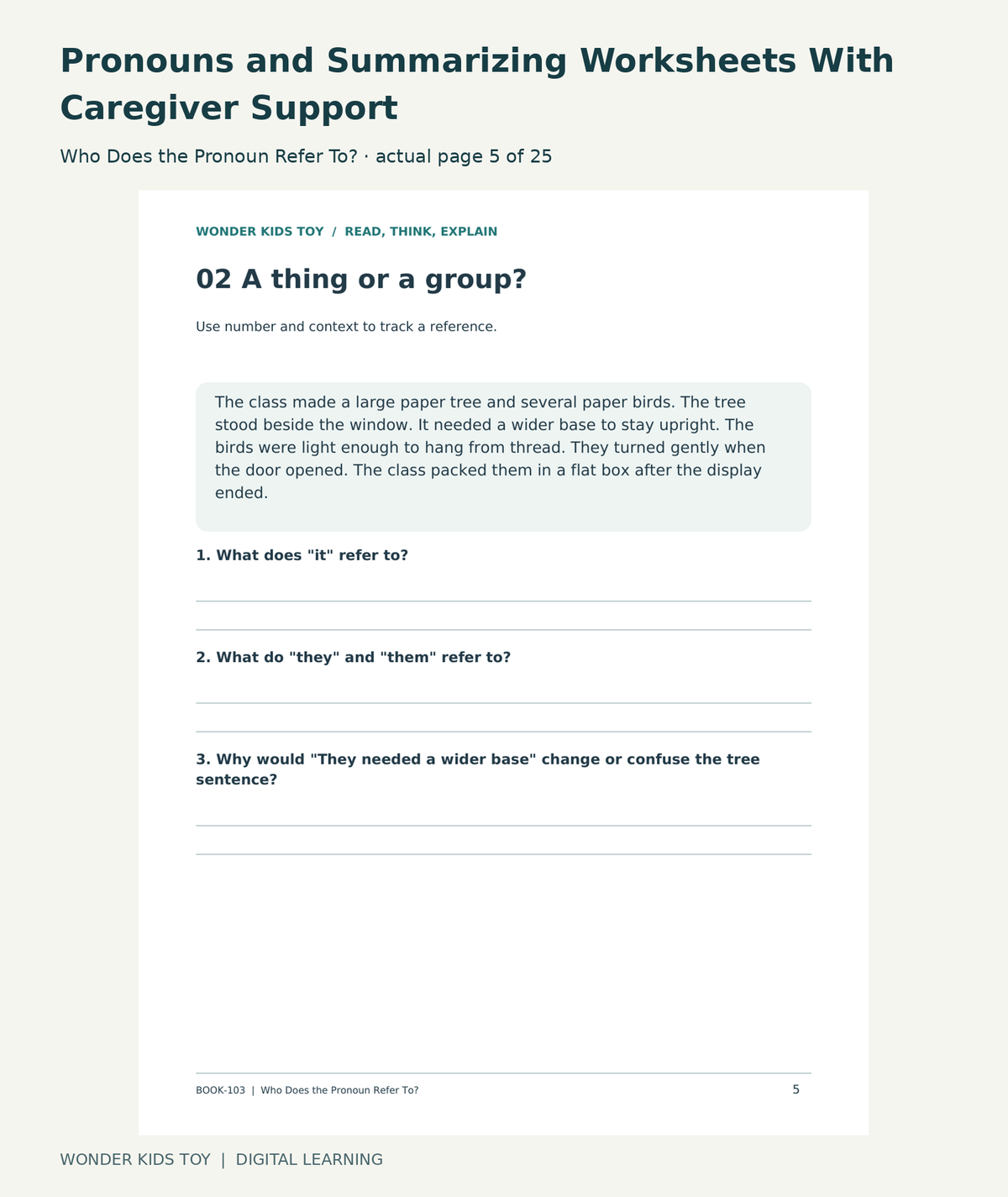 Pronouns and Summarizing Worksheets With Caregiver Support: Who Does the Pronoun Refer To? actual included page 5