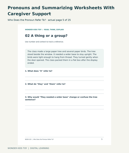 Pronouns and Summarizing Worksheets With Caregiver Support: Who Does the Pronoun Refer To? actual included page 5
