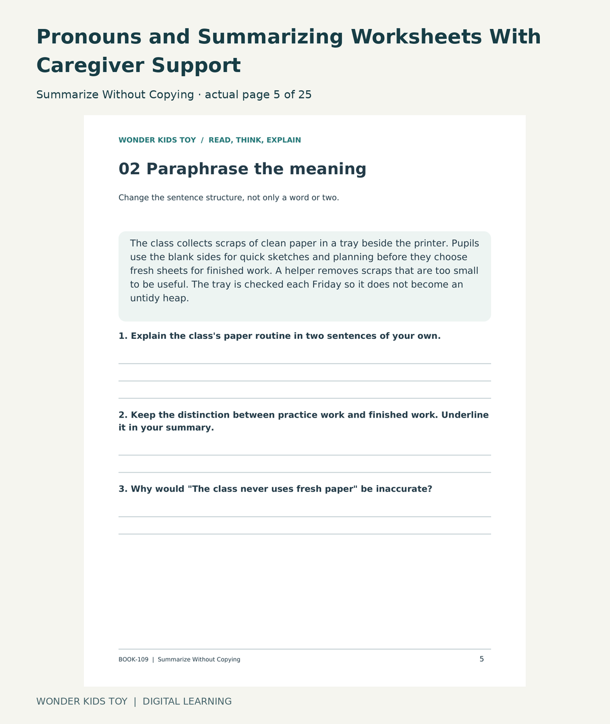 Pronouns and Summarizing Worksheets With Caregiver Support: Summarize Without Copying actual included page 5