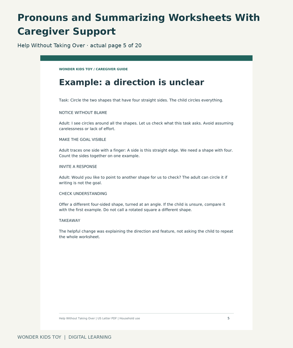 Pronouns and Summarizing Worksheets With Caregiver Support: Help Without Taking Over actual included page 5