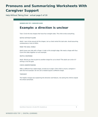 Pronouns and Summarizing Worksheets With Caregiver Support: Help Without Taking Over actual included page 5