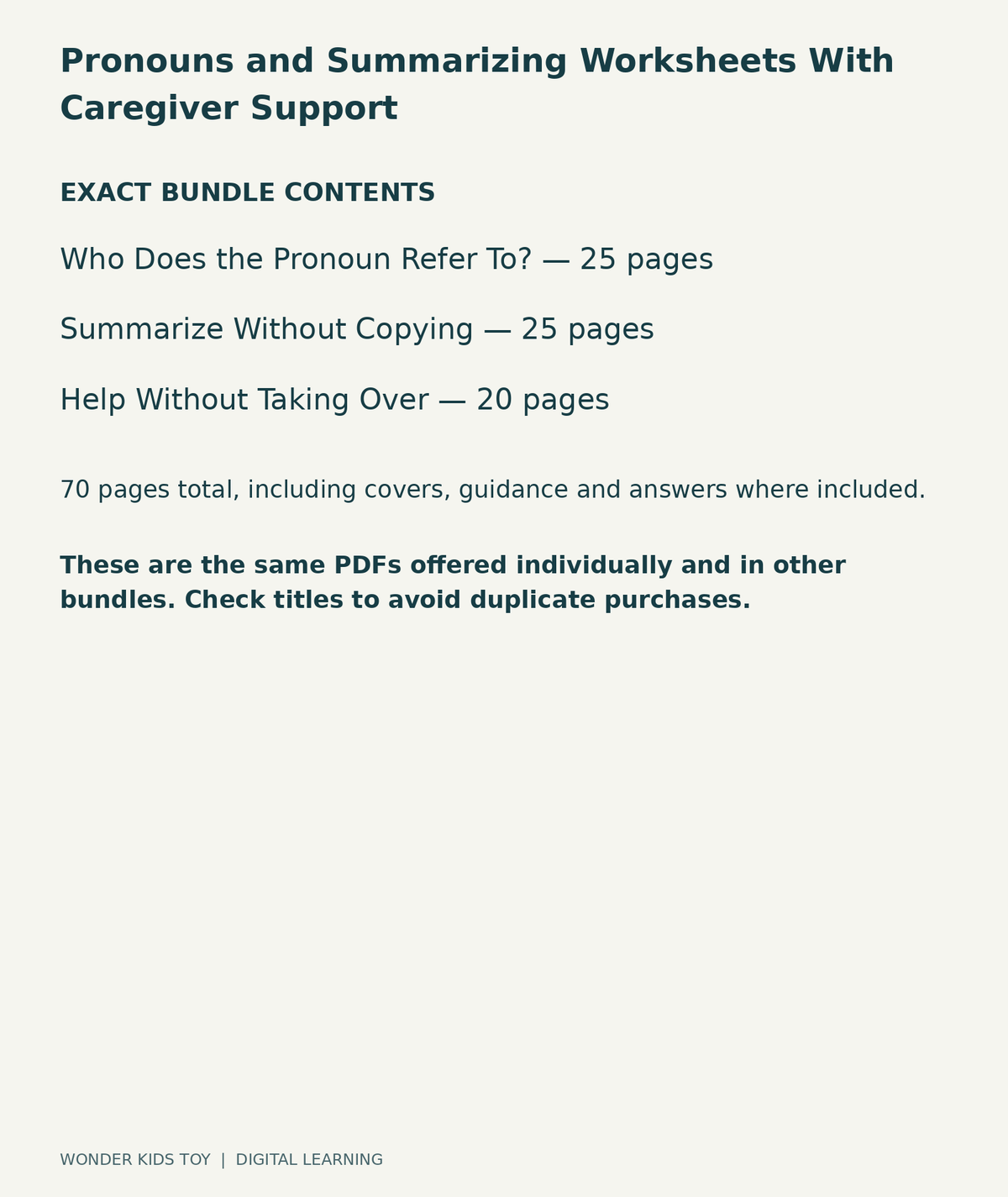 Pronouns and Summarizing Worksheets With Caregiver Support: exact contents, 3 PDFs and 70 total pages