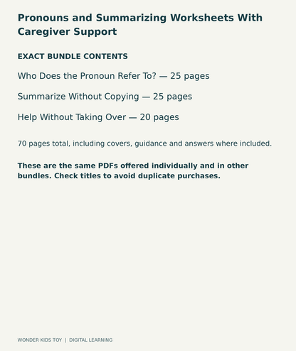 Pronouns and Summarizing Worksheets With Caregiver Support: exact contents, 3 PDFs and 70 total pages