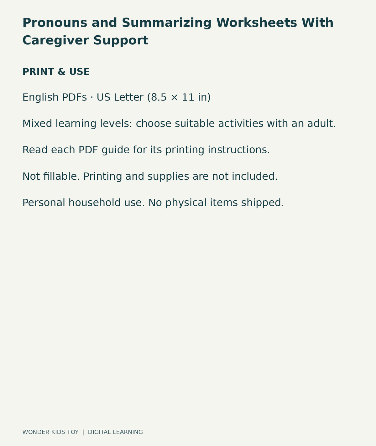 Pronouns and Summarizing Worksheets With Caregiver Support: US Letter digital PDF print and household-use information