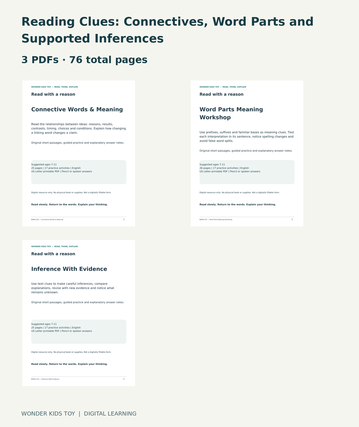 Reading Clues: Connectives, Word Parts and Supported Inferences: actual included PDF covers