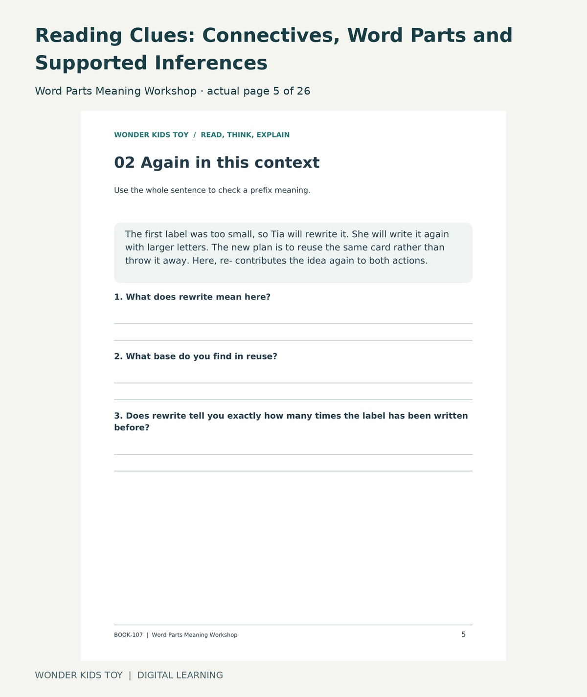 Reading Clues: Connectives, Word Parts and Supported Inferences: Word Parts Meaning Workshop actual included page 5