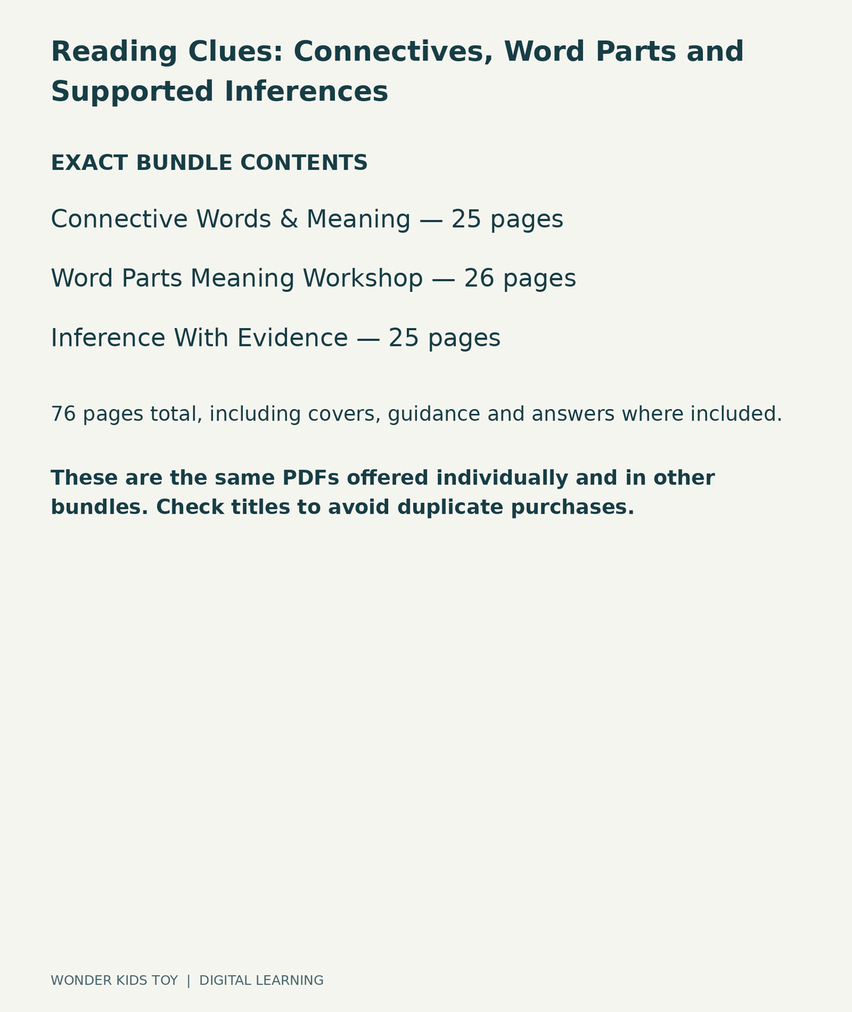 Reading Clues: Connectives, Word Parts and Supported Inferences: exact contents, 3 PDFs and 76 total pages