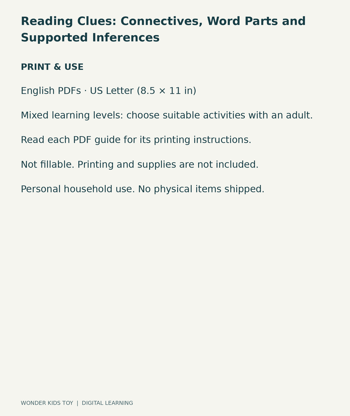 Reading Clues: Connectives, Word Parts and Supported Inferences: US Letter digital PDF print and household-use information