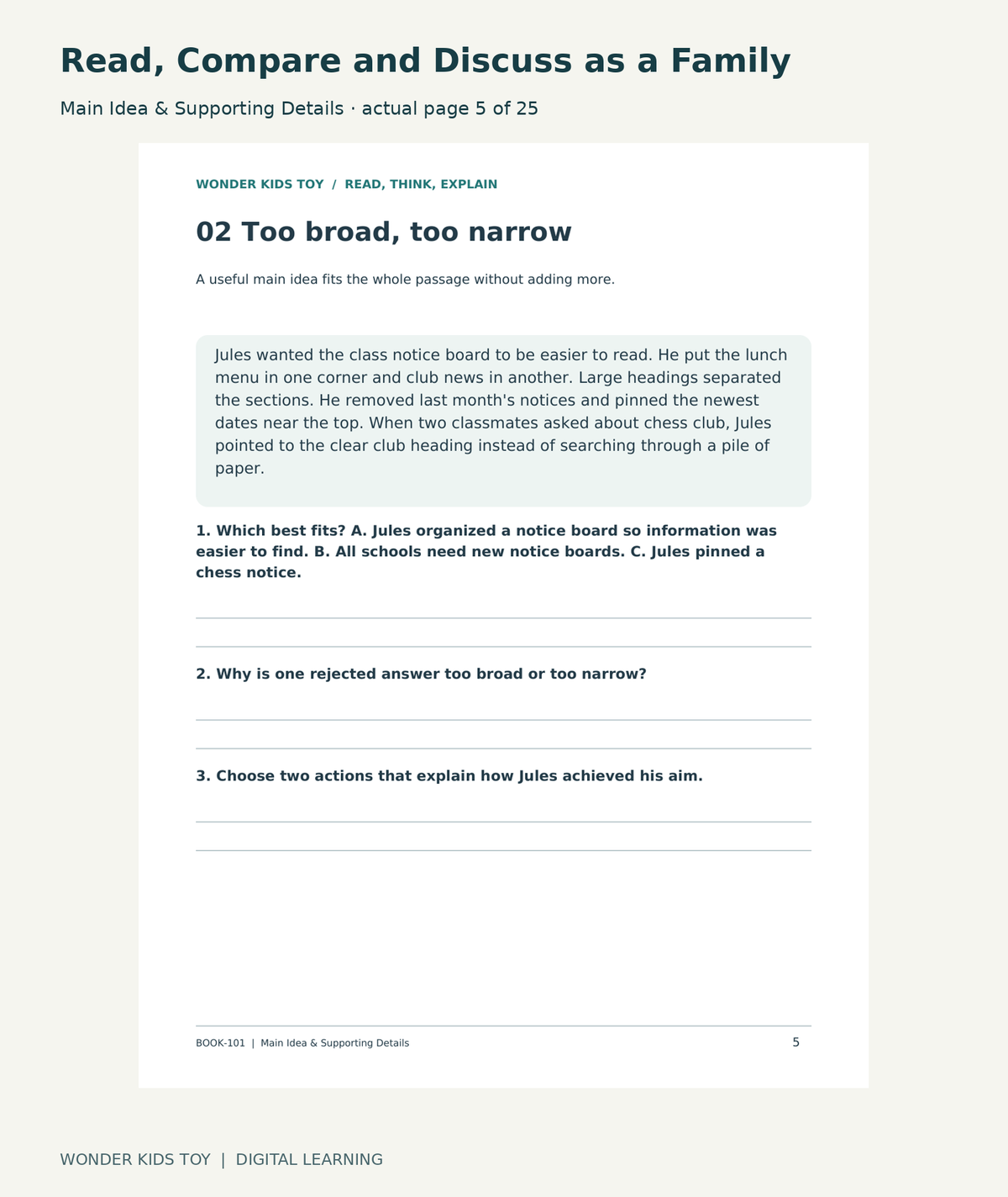 Read, Compare and Discuss as a Family: Main Idea & Supporting Details actual included page 5