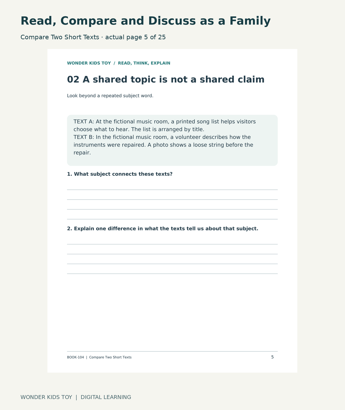 Read, Compare and Discuss as a Family: Compare Two Short Texts actual included page 5