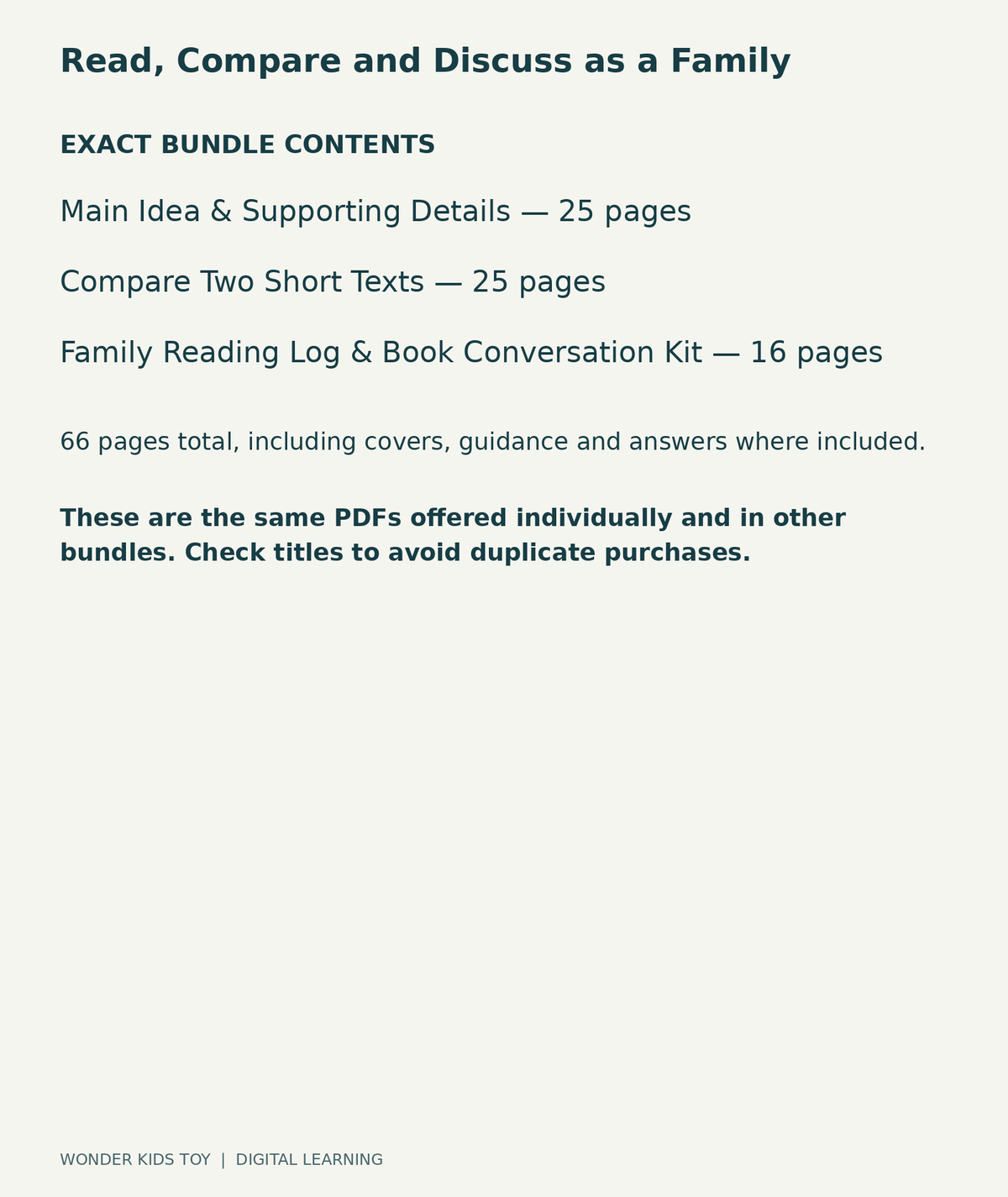 Read, Compare and Discuss as a Family: exact contents, 3 PDFs and 66 total pages