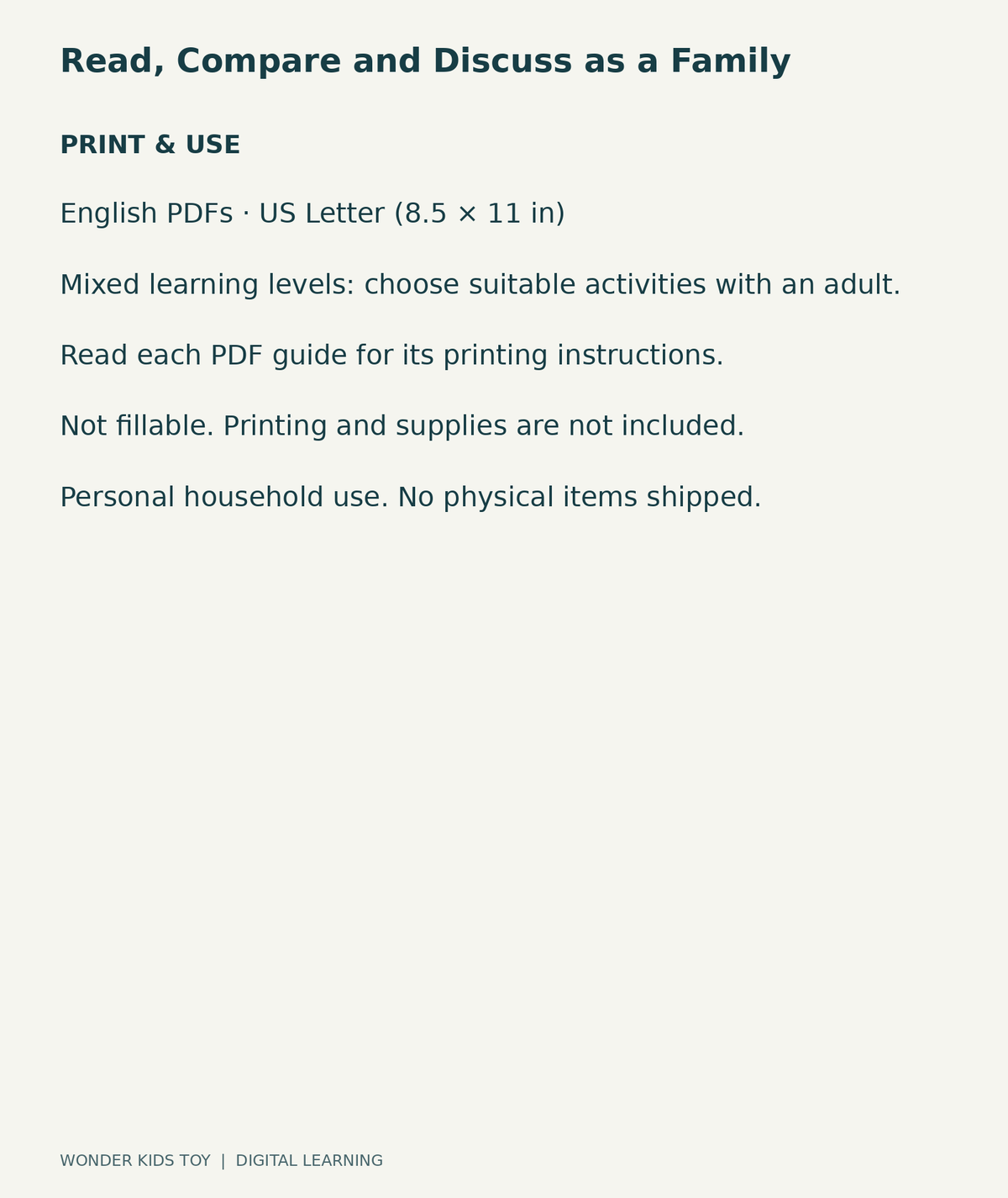 Read, Compare and Discuss as a Family: US Letter digital PDF print and household-use information