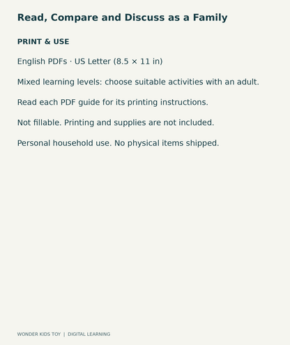 Read, Compare and Discuss as a Family: US Letter digital PDF print and household-use information
