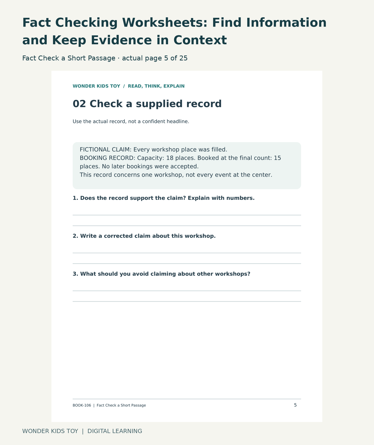Fact Checking Worksheets: Find Information and Keep Evidence in Context: Fact Check a Short Passage actual included page 5