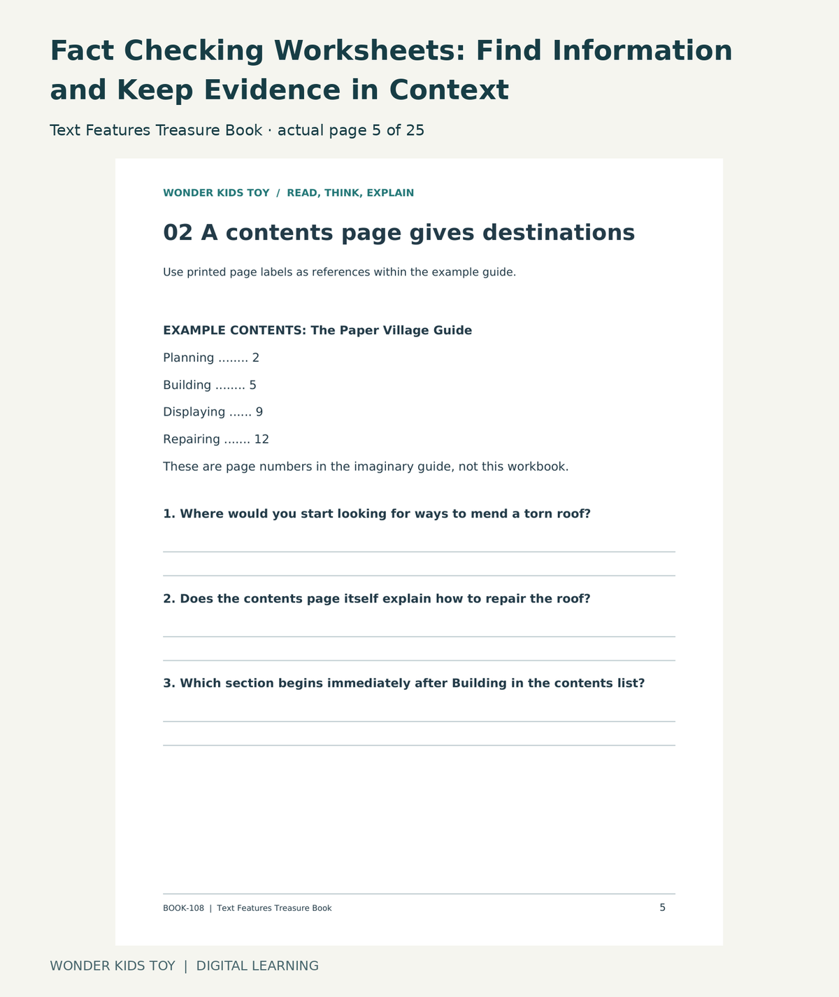 Fact Checking Worksheets: Find Information and Keep Evidence in Context: Text Features Treasure Book actual included page 5