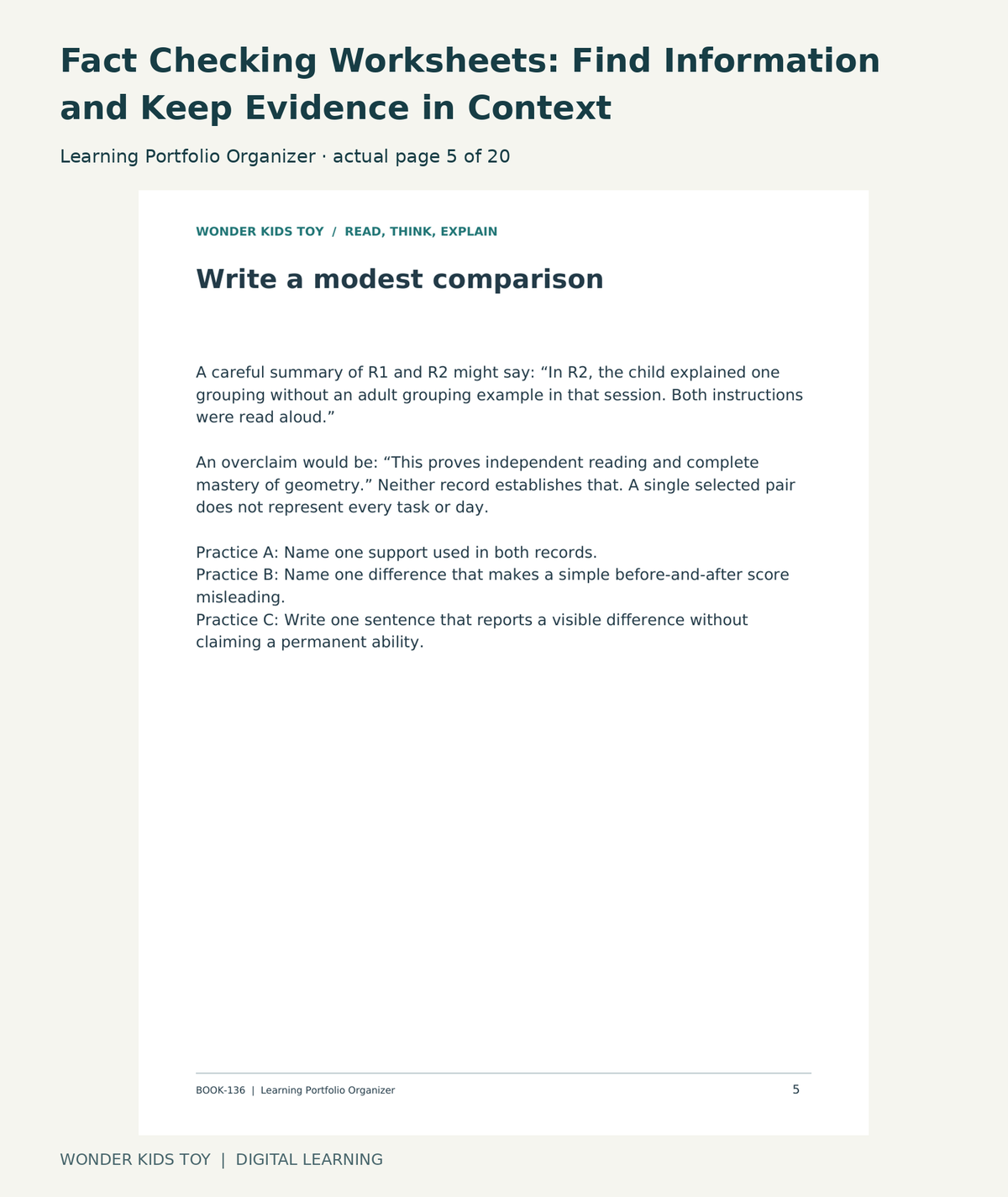 Fact Checking Worksheets: Find Information and Keep Evidence in Context: Learning Portfolio Organizer actual included page 5