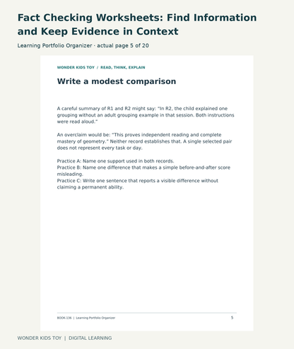 Fact Checking Worksheets: Find Information and Keep Evidence in Context: Learning Portfolio Organizer actual included page 5