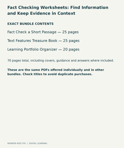 Fact Checking Worksheets: Find Information and Keep Evidence in Context: exact contents, 3 PDFs and 70 total pages
