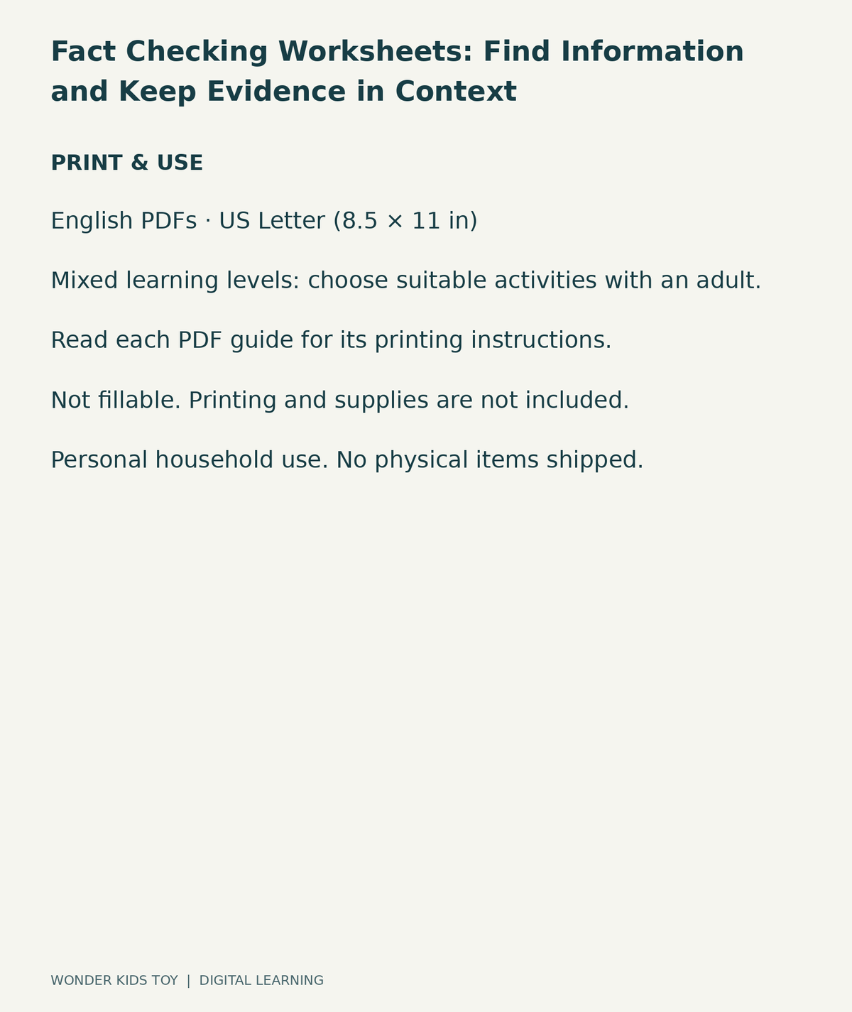 Fact Checking Worksheets: Find Information and Keep Evidence in Context: US Letter digital PDF print and household-use information