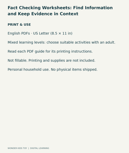 Fact Checking Worksheets: Find Information and Keep Evidence in Context: US Letter digital PDF print and household-use information