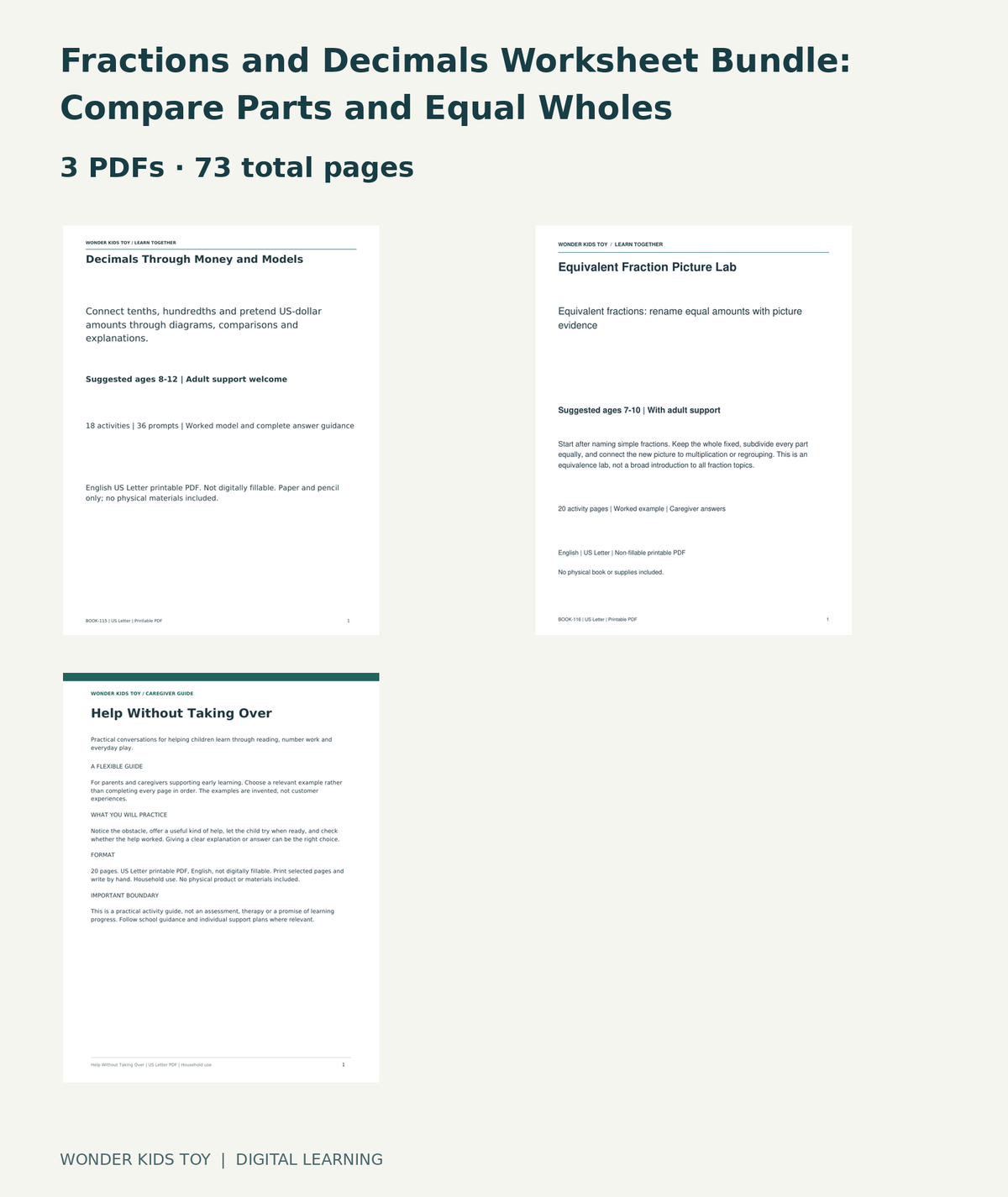 Fractions and Decimals Worksheet Bundle: Compare Parts and Equal Wholes: actual included PDF covers