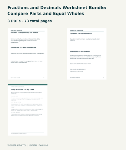 Fractions and Decimals Worksheet Bundle: Compare Parts and Equal Wholes: actual included PDF covers