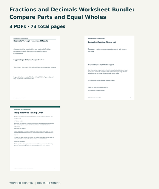 Fractions and Decimals Worksheet Bundle: Compare Parts and Equal Wholes: actual included PDF covers