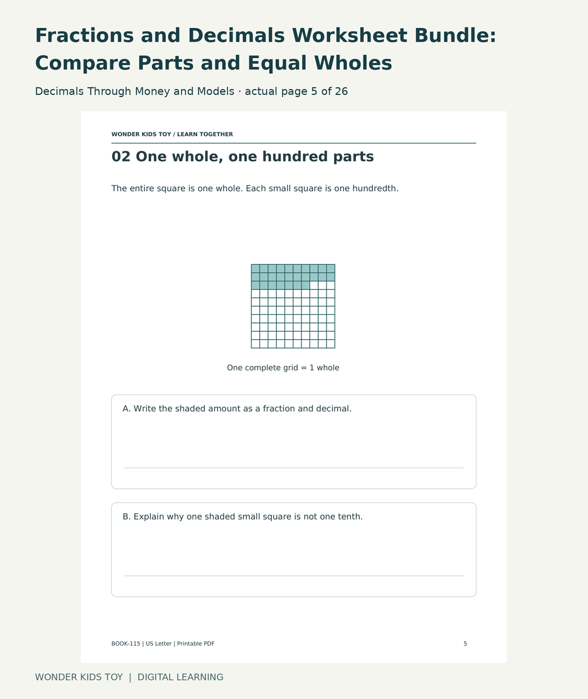 Fractions and Decimals Worksheet Bundle: Compare Parts and Equal Wholes: Decimals Through Money and Models actual included page 5