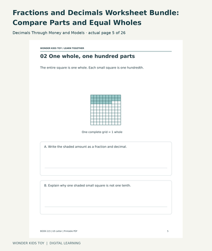 Fractions and Decimals Worksheet Bundle: Compare Parts and Equal Wholes: Decimals Through Money and Models actual included page 5