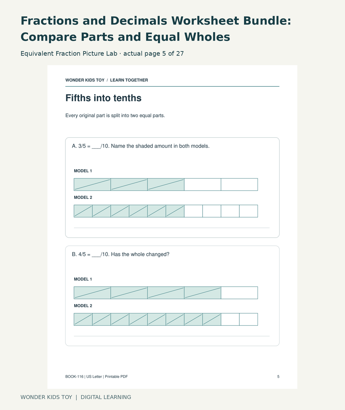 Fractions and Decimals Worksheet Bundle: Compare Parts and Equal Wholes: Equivalent Fraction Picture Lab actual included page 5