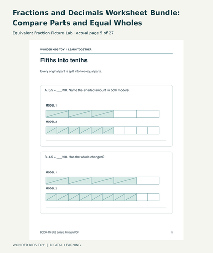 Fractions and Decimals Worksheet Bundle: Compare Parts and Equal Wholes: Equivalent Fraction Picture Lab actual included page 5