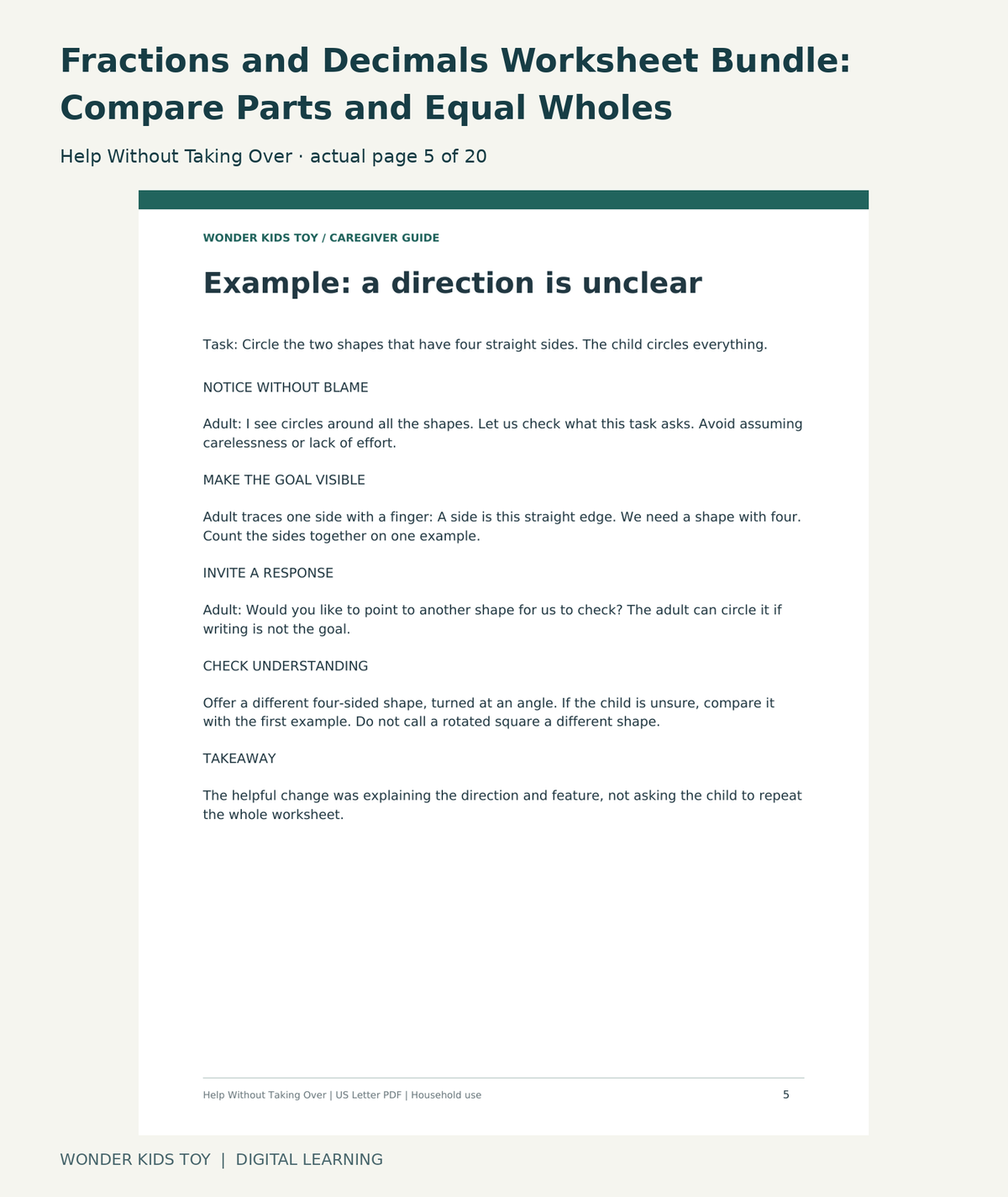 Fractions and Decimals Worksheet Bundle: Compare Parts and Equal Wholes: Help Without Taking Over actual included page 5