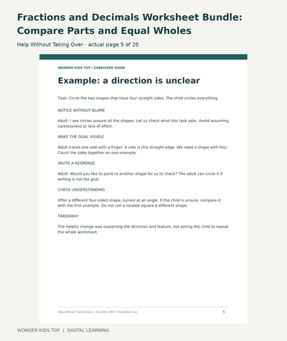Fractions and Decimals Worksheet Bundle: Compare Parts and Equal Wholes: Help Without Taking Over actual included page 5