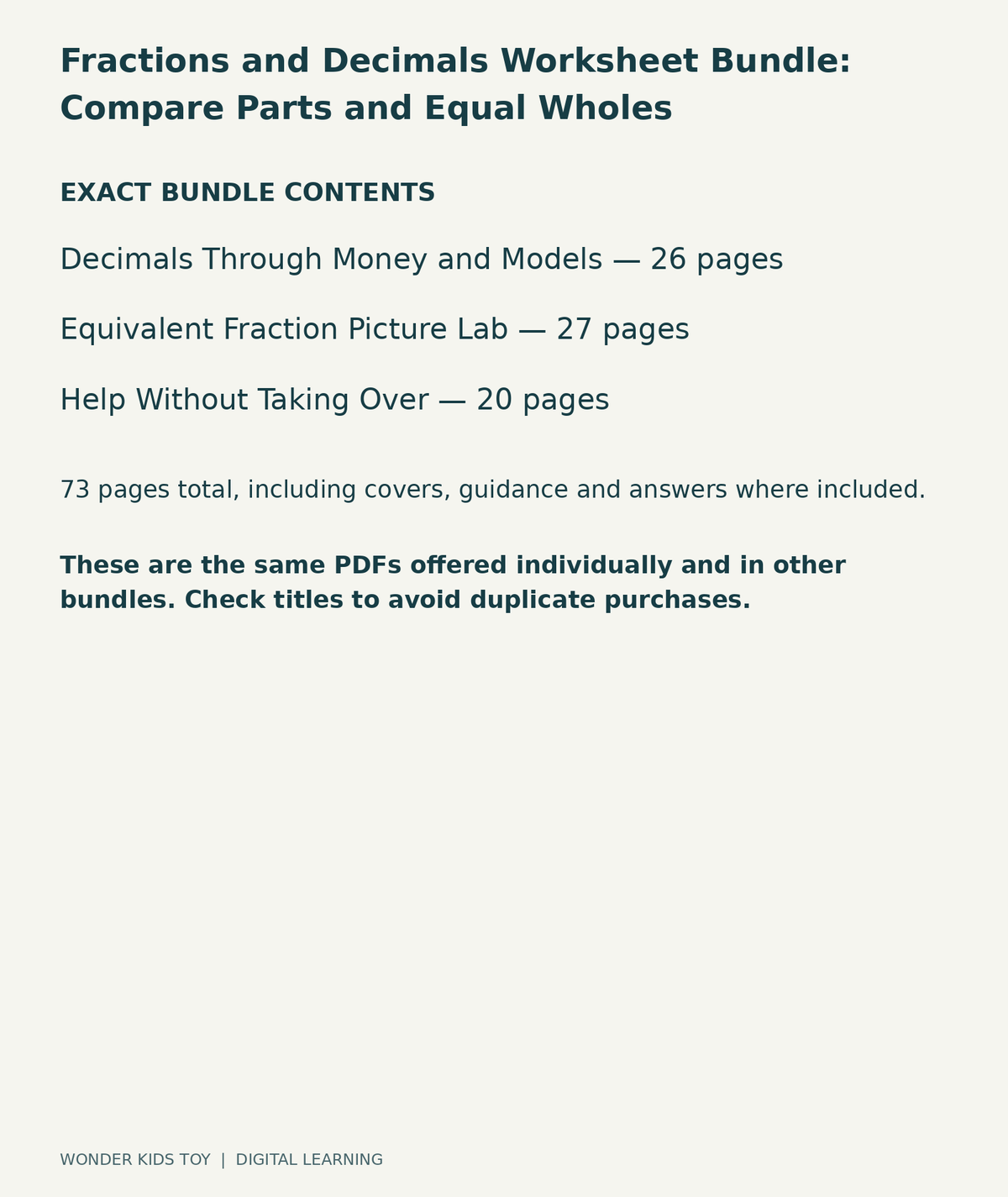 Fractions and Decimals Worksheet Bundle: Compare Parts and Equal Wholes: exact contents, 3 PDFs and 73 total pages