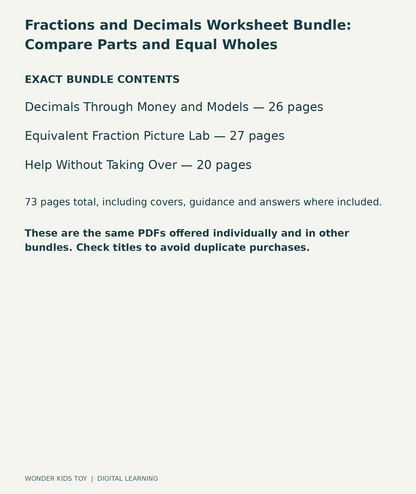 Fractions and Decimals Worksheet Bundle: Compare Parts and Equal Wholes: exact contents, 3 PDFs and 73 total pages