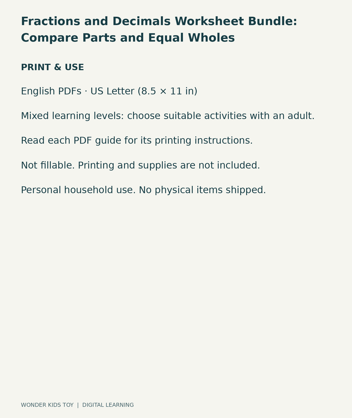 Fractions and Decimals Worksheet Bundle: Compare Parts and Equal Wholes: US Letter digital PDF print and household-use information