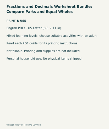 Fractions and Decimals Worksheet Bundle: Compare Parts and Equal Wholes: US Letter digital PDF print and household-use information