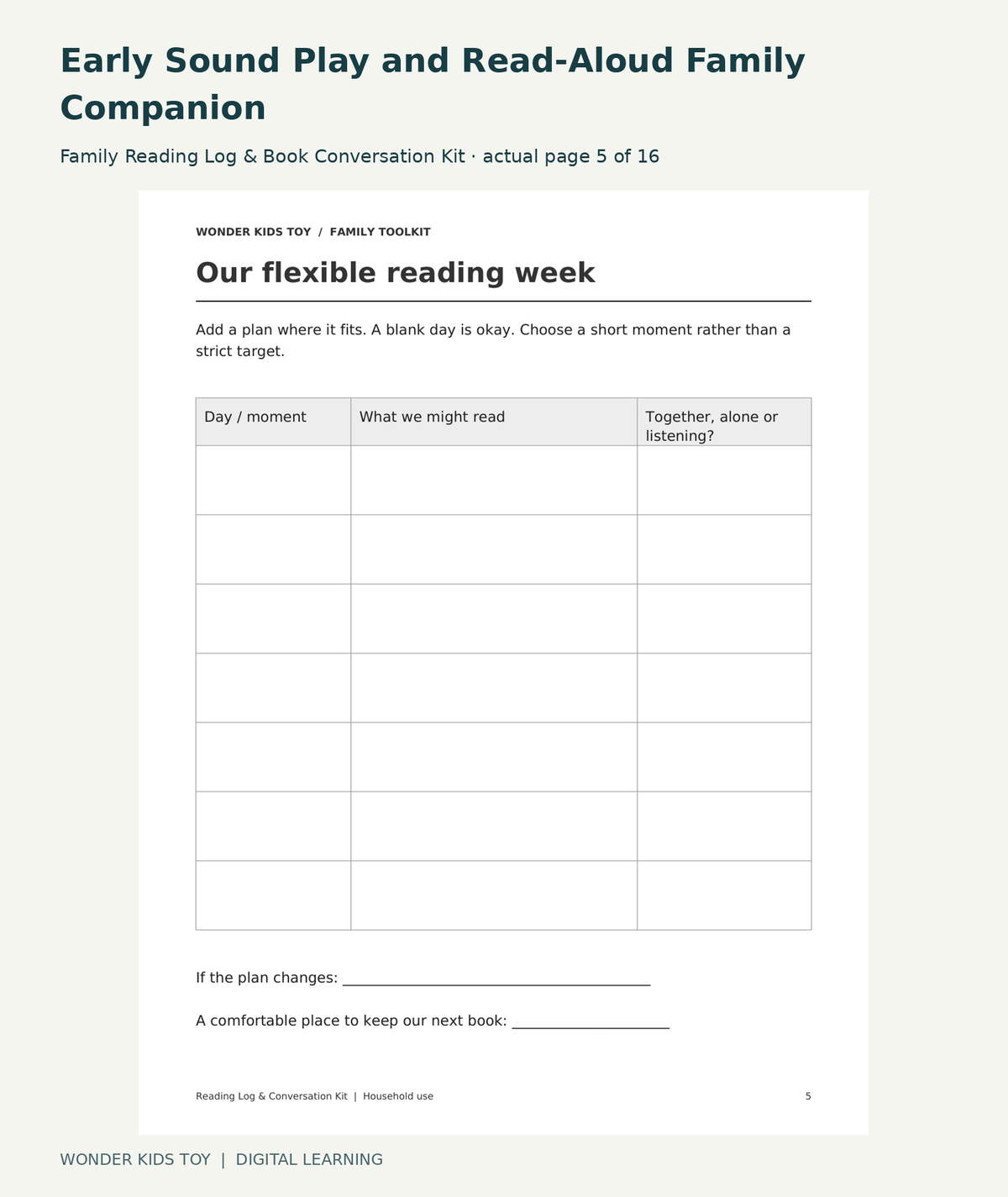 Early Sound Play and Read-Aloud Family Companion: Family Reading Log & Book Conversation Kit actual included page 5