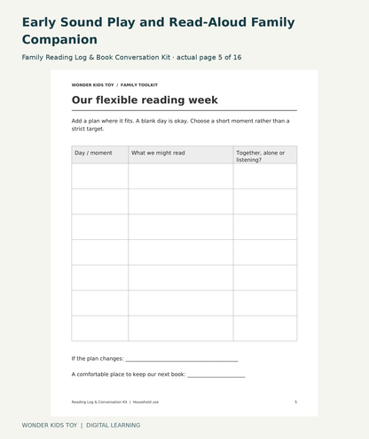 Early Sound Play and Read-Aloud Family Companion: Family Reading Log & Book Conversation Kit actual included page 5