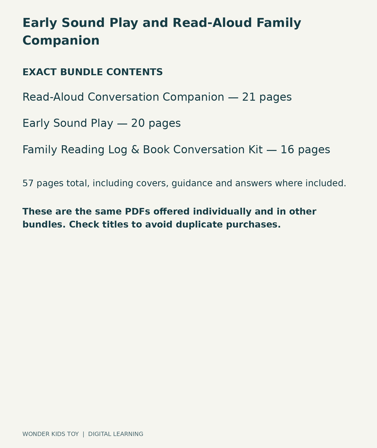 Early Sound Play and Read-Aloud Family Companion: exact contents, 3 PDFs and 57 total pages