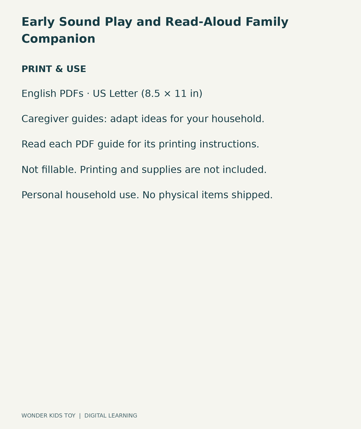Early Sound Play and Read-Aloud Family Companion: US Letter digital PDF print and household-use information