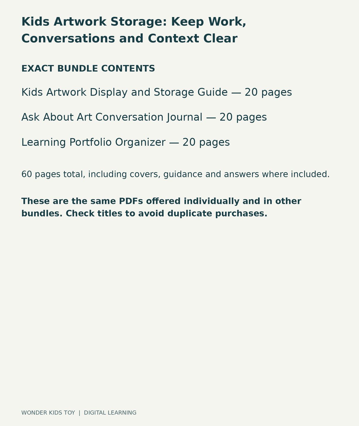 Kids Artwork Storage: Keep Work, Conversations and Context Clear: exact contents, 3 PDFs and 60 total pages