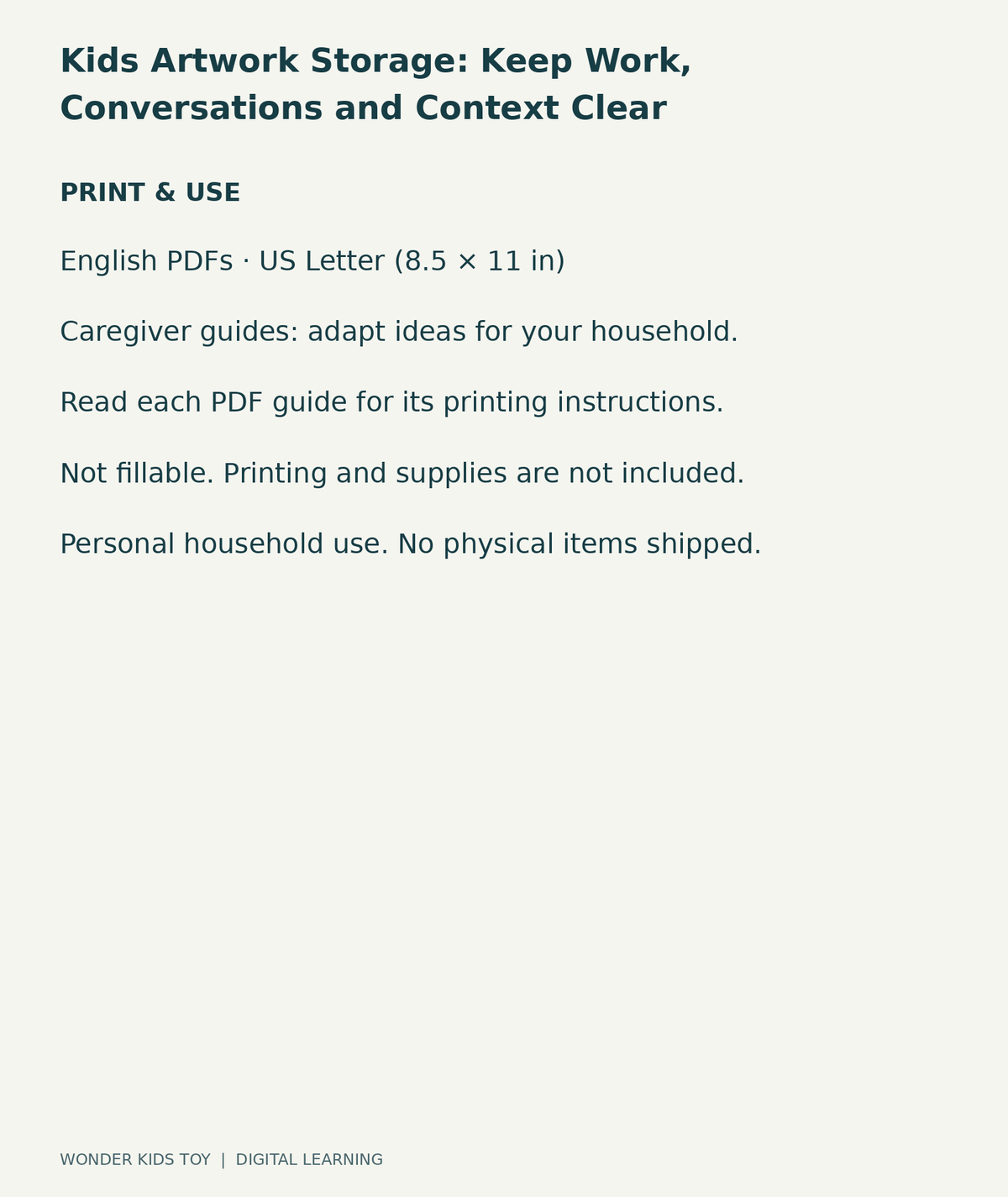 Kids Artwork Storage: Keep Work, Conversations and Context Clear: US Letter digital PDF print and household-use information