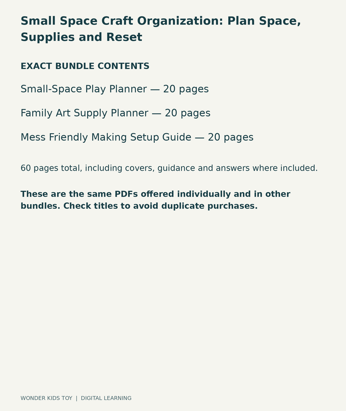 Small Space Craft Organization: Plan Space, Supplies and Reset: exact contents, 3 PDFs and 60 total pages