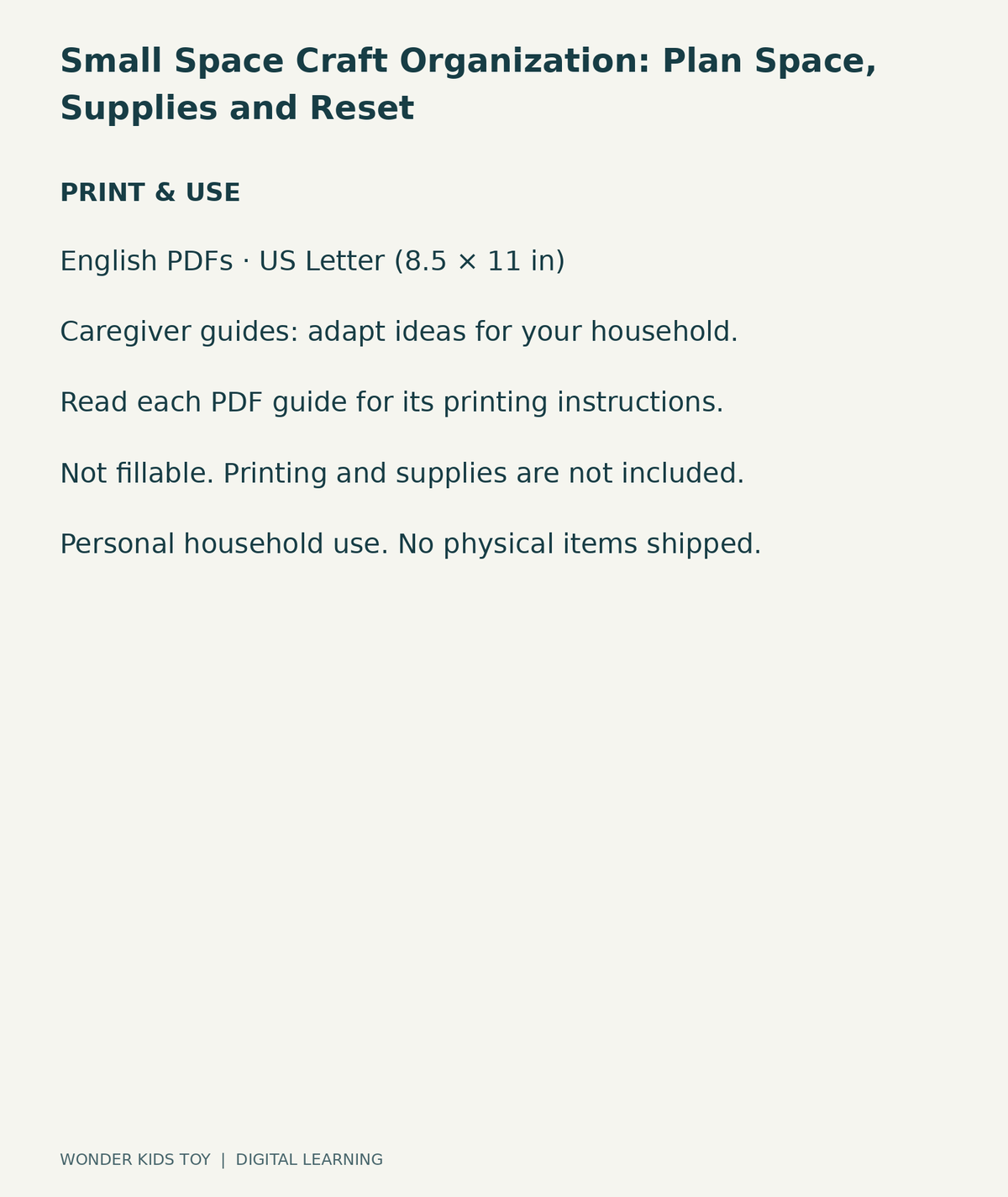 Small Space Craft Organization: Plan Space, Supplies and Reset: US Letter digital PDF print and household-use information